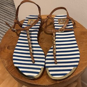 DV by Dolce Vita Blue and White Striped Sandals with Brown T-Straps